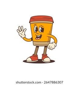 Mascote de xícara de café com sorriso alegre, em pé em uma pose dinâmica. Ondas de caráter com uma mão, transmitindo simpatia e entusiasmo. Perfeito para branding e mídias sociais. Ilustração vetorial