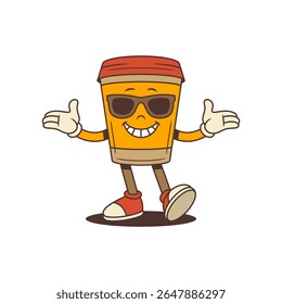 Coffee cup mascot with orange body wearing large sunglasses. Character stands in casual playful pose with thumbs-up and open hand gestures, radiating confidence and friendliness. Vector illustration
