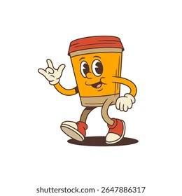 Coffee cup mascot with orange body and lively expression walking confidently. Character shows playful rock on gesture perfect for marketing, social media and promotional materials. Vector illustration
