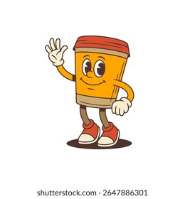 Coffee cup mascot standing in playful confident pose. Character waves energetically with open hand and smiles broadly, radiating friendliness and positive vibes for marketing and branding projects