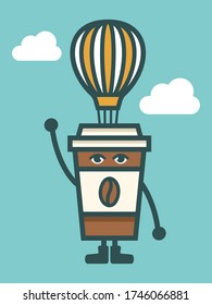 Coffee cup mascot vector design. Coffee cup character with air ballon. Coffee delivery concept vector illustration.