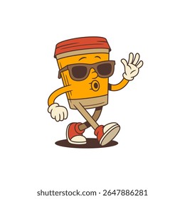 Coffee cup mascot walking and relaxed confident pose wearing sunglasses. Character shows playful peace sign, perfect for branding, marketing and social media designs. Vector illustration