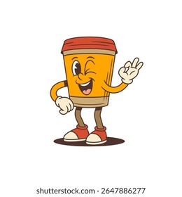 Mascote de xícara de café piscando brincalhamente e fazendo um gesto ok enquanto está de pé confiantemente em tênis vermelhos. Perfeito para marcas, mídias sociais e promoções com vibrações alegres e convidativas