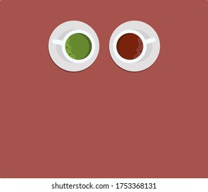 сup of coffee and cup of matcha with a small white plates on coral background, coffee point minimalistic concept, flat design