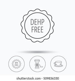Coffee cup, meat grinder and BPA free icons. DEHP free linear sign. Linear icons in circle buttons. Flat web symbols. Vector