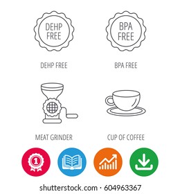 Coffee cup, meat grinder and BPA free icons. DEHP free linear sign. Award medal, growth chart and opened book web icons. Download arrow. Vector