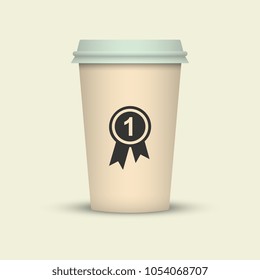 Coffee cup with medal vector illustration. first class sort coffee to go