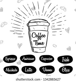 coffee cup or coffee menu with hand drawn or sketch style on white background