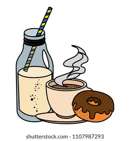 coffee cup and milk bottle with sweet donuts