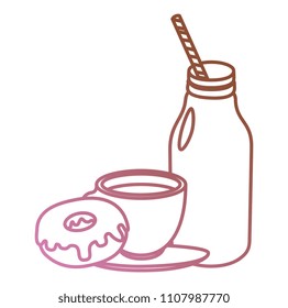 coffee cup and milk bottle with sweet donuts