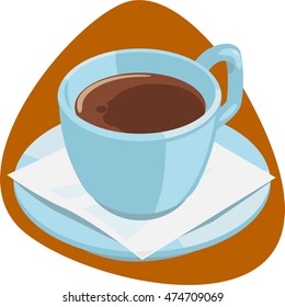 Coffee cup. Cup with coffee and milk. Saucer with napkin. Isolated on brown background.