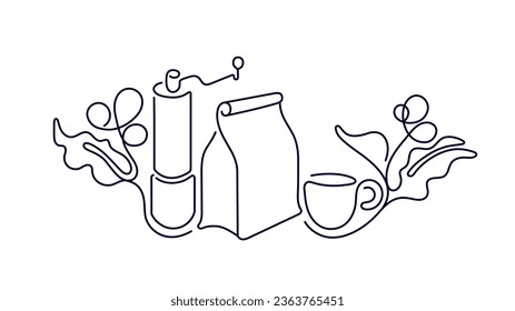 Coffee cup, mill and raw beans. Abstract graphic symbol with line vector concept for coffee shop and cafe