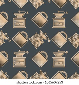 Coffee cup and coffee mill seamless pattern. Vector illustration.