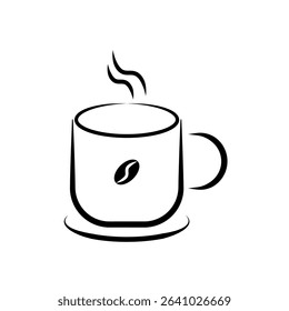 Coffee Cup Minimalist Icon. Clean and elegant line art vector icon of a steaming hot mug, representing comfort, warmth, and a cozy break. Ideal for logos, web design, and print.