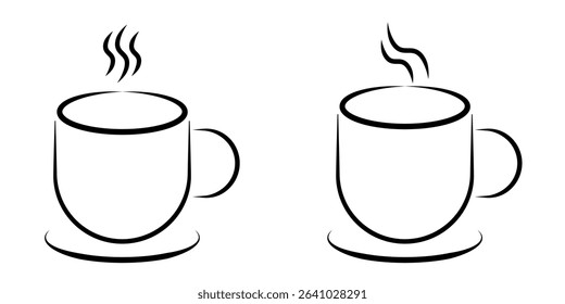 Coffee Cup Minimalist Icon set. Clean and elegant line art vector icon of a steaming hot mug, representing comfort, warmth, and a cozy break. Ideal for logos, web design, and print.