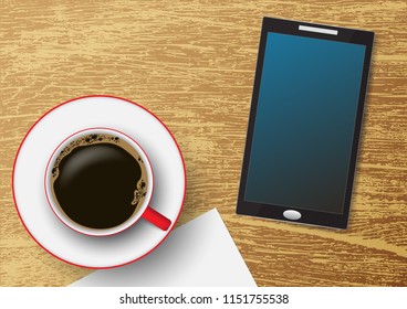 Coffee cup with mobile phone on grunge vintage wooden table, vector illustration top view