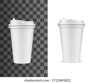 Coffee cup mockup, fast food drink paper cup with plastic lid, vector realistic template. Fastfood cafe takeaway plastic or paper coffee cup, blank white hot drinks package with sipping lid