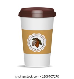 Coffee cup burlándose con su soporte. Taza de papel realista para té o café. Cafeína bebe un recipiente para llevar. Marca para café, restaurante, identidad corporativa con logotipo etiqueta 3D ilustración vectorial