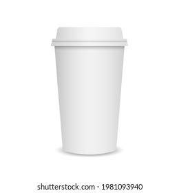 Coffee cup mockup. Paper mug template on white background. Coffee to go. Realistic paper cup with plastic lid close up. Takeaway drink isolated. Vector illustration.