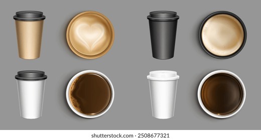 Coffee cup mockups set isolated on background. Vector realistic illustration of latte, espresso, cappuccino, tea and hot chocolate to-go with milky froth on surface, cafe menu icons top and side view