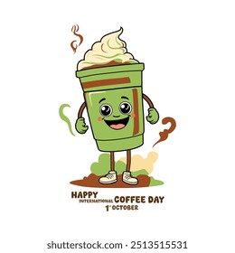 Coffee cup modern mascot with funky cute smile, green and chocolate color, Design art for happy coffee day, cafe, bar, restaurant, posters, banners, logos, coffee paper cup vector illustration.