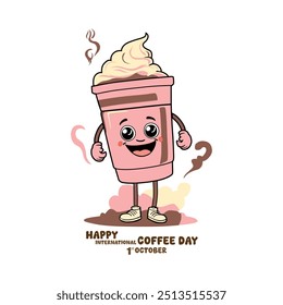 Coffee cup modern mascot with funky cute smile, strawberry and chocolate color, Design art for happy coffee day, cafe, bar, restaurant, posters, logos, coffee paper cup vector illustration.