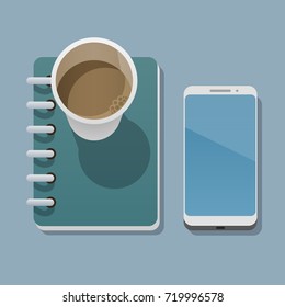 Coffee cup, modern smartphone and notepad is on a flat surface and casts a shadow on it. View from above. Vector illustration in a trendy flat style