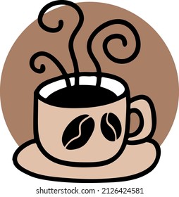 Coffee cup in the moning with love. A mug of hot drink. Kawaii style logo and simple cute design for bar or restaurant. Colorful vector isolated  illustration.