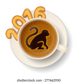 Coffee cup with monkey as symbol of New Year 2016,cookies in shape of numerals, on white background