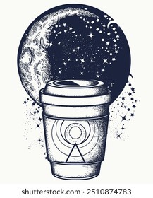 Coffee cup, moon and universe. Esoteric symbol of awakening, creativity, ideas. Funny art t-shirt design concept