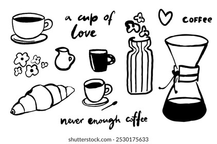 Coffee cup, morning at cafe graphic art set. Black ink brush sketches, elegant trendy vector doodles.