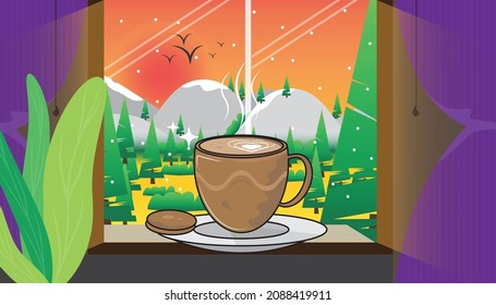 Coffee cup with morning outside view from window vector illustration.