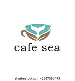 Coffee cup motif leaf, blue shark tail combination design logo.