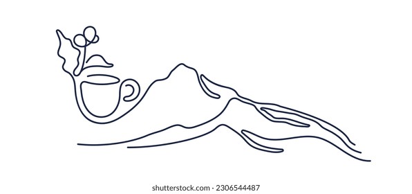 Coffee cup, mountain Vector line sketch. Outline landscape. Design for cafe menu, shop. Vintage illustration