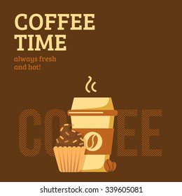 Coffee cup and muffin. Brown background with drink and sweet snack.