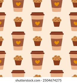 Coffee Cup and Muffin Pattern Seamless Background for Cafes and Bakery Themes.