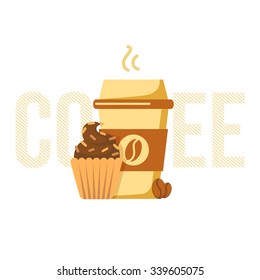 Coffee cup and muffin. Simple vector illustration of drink and dessert. 