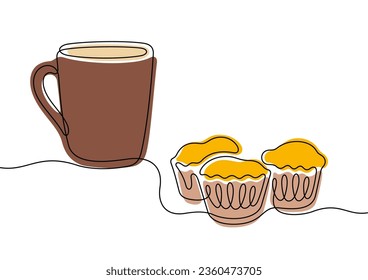 Ilustración vectorial colorida en línea continua de taza de café y muffins