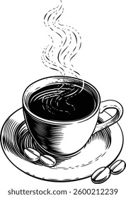 A coffee cup or mug and coffee beans illustration in a vintage retro woodcut etching style