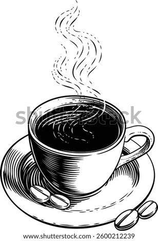 A coffee cup or mug and coffee beans illustration in a vintage retro woodcut etching style