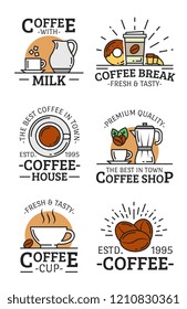 Coffee cup, mug and beans, milk jug, croissant and donut, sugar and coffee pot vector linear icons. Coffee shop badge, cafe or restaurant emblem design