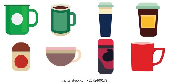 Coffee cup and mug collection in flat style. Hot drink coffee mug.