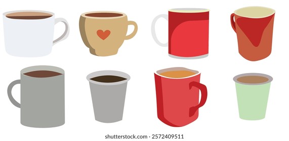 Coffee cup and mug collection in flat style. Hot drink coffee mug.