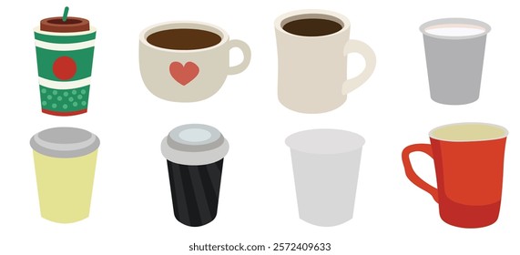 Coffee cup and mug collection in flat style. Hot drink coffee mug.