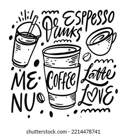 Coffee cup and mug doodle objects. Hand drawn outline style vector illustration. Isolated on white background.