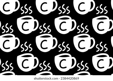 Kaffeetasse, Schlamm, heißes Getränk. Cafe. Schwarz-Weiß-Farben. Chalk, Kreide. C Brief. Nahtlose Vektormuster für Design und Dekoration.