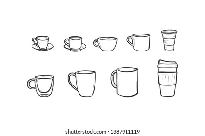 Coffee cup and mug icon set. Isolated vector illustration. Line drawing. Hot drinks
