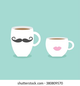 Coffee cup mug moustaches and lips. Blue background Flat modern simply design Vector illustration
