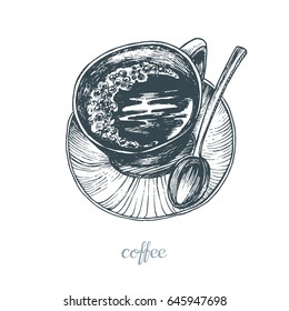 Coffee cup. Mug on a saucer with a spoon. Vector vintage illustration