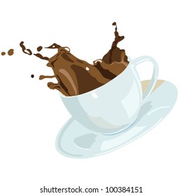 Coffee cup mug and plate with splash, realistic illustration 